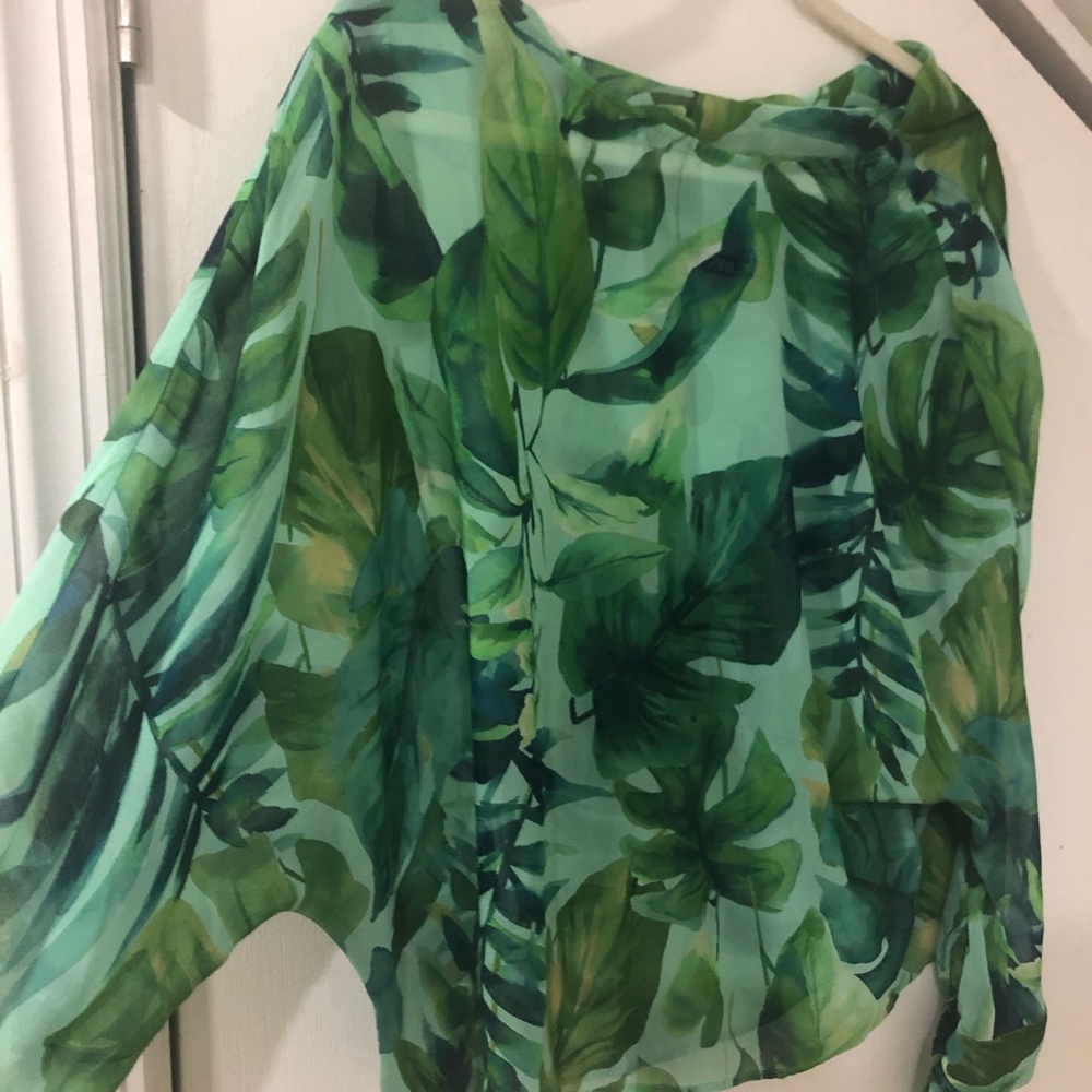 Zara Watercolor Fern Print Sheer Tie Cuff Blouse